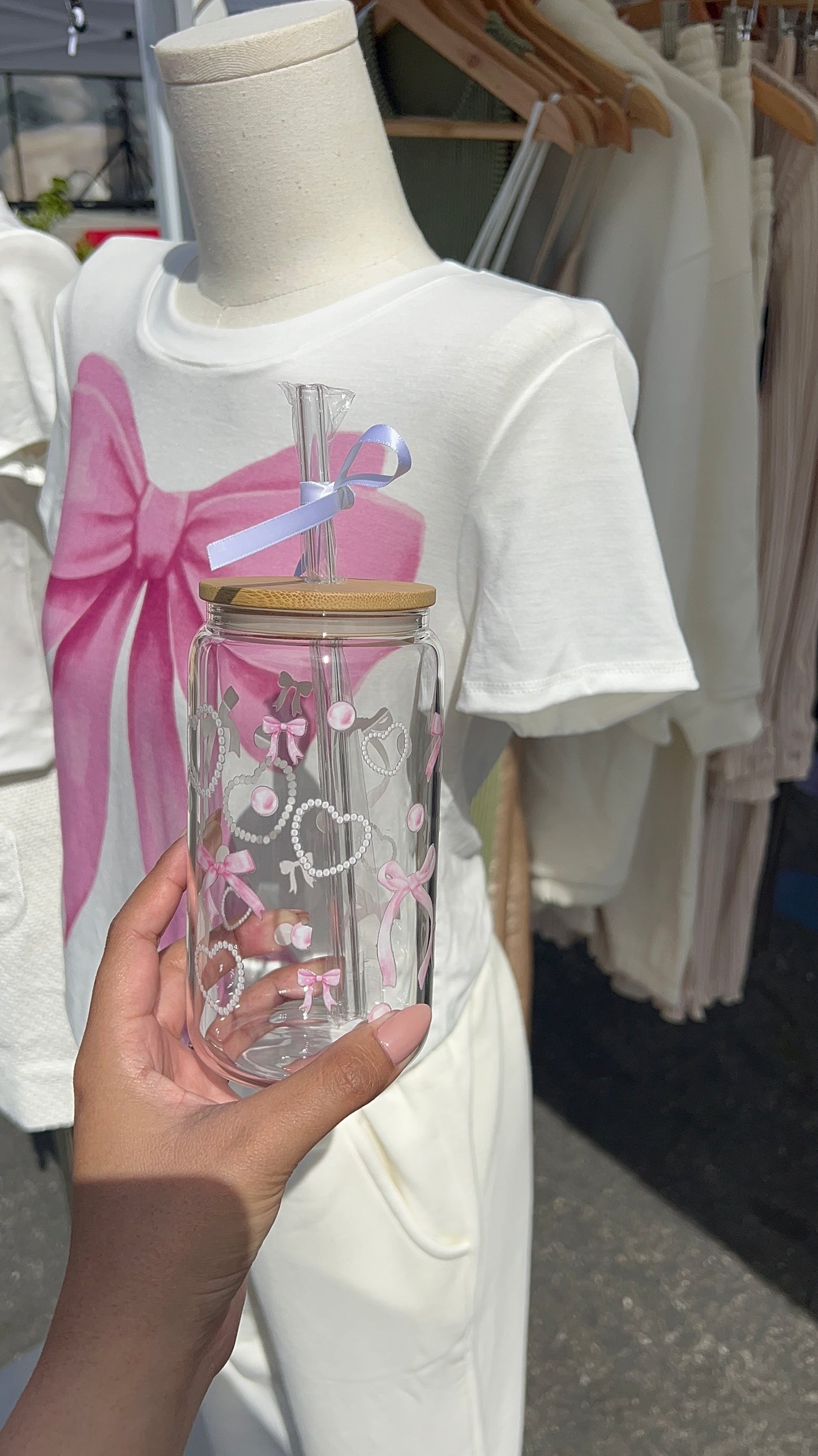 PINK BOWS + PEARL HEARTS GLASS CUPS