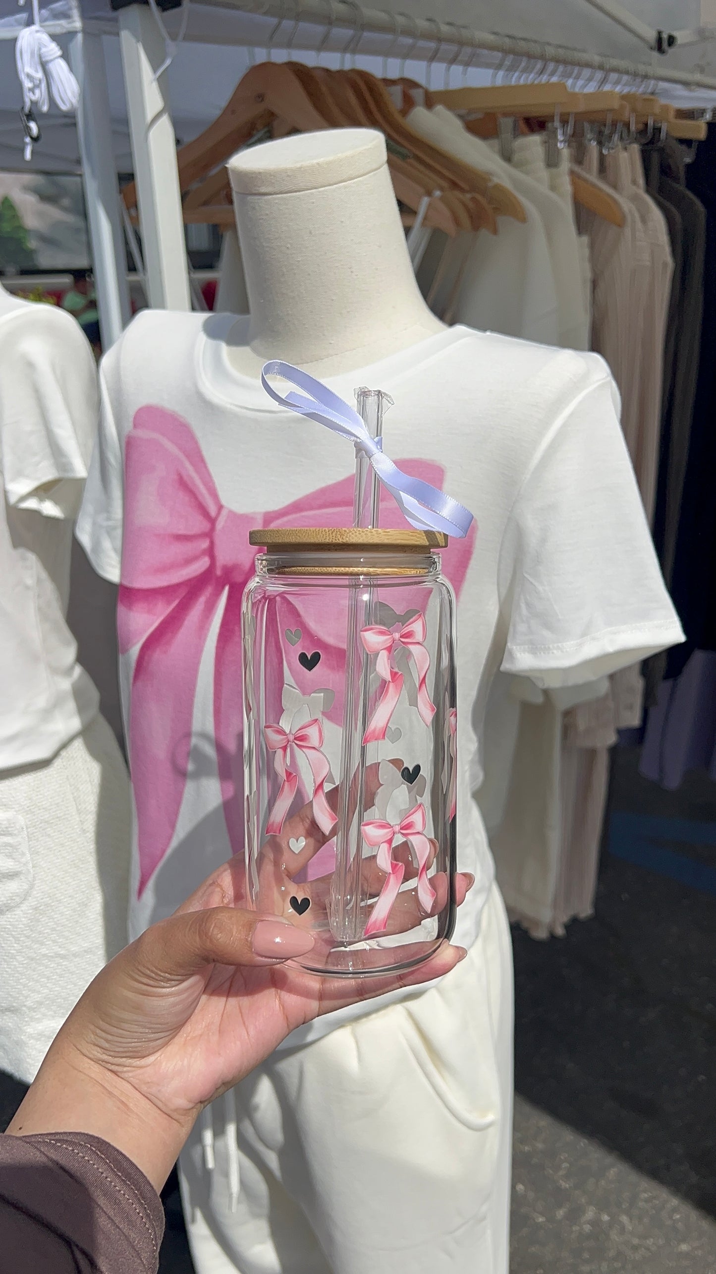 PINK BOWS + BLACK HEARTS GLASS CUP
