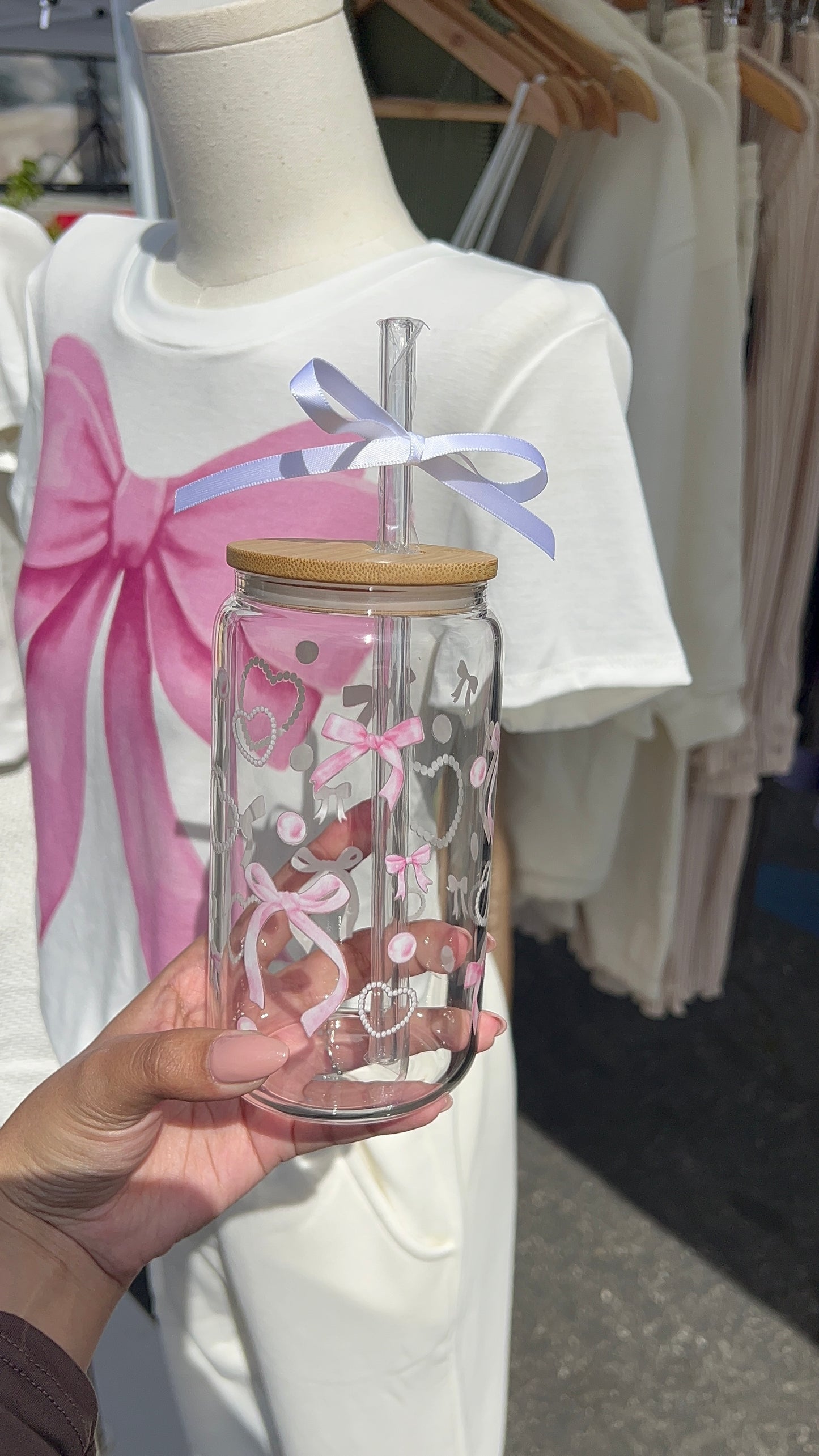 PINK BOWS + PEARL HEARTS GLASS CUPS