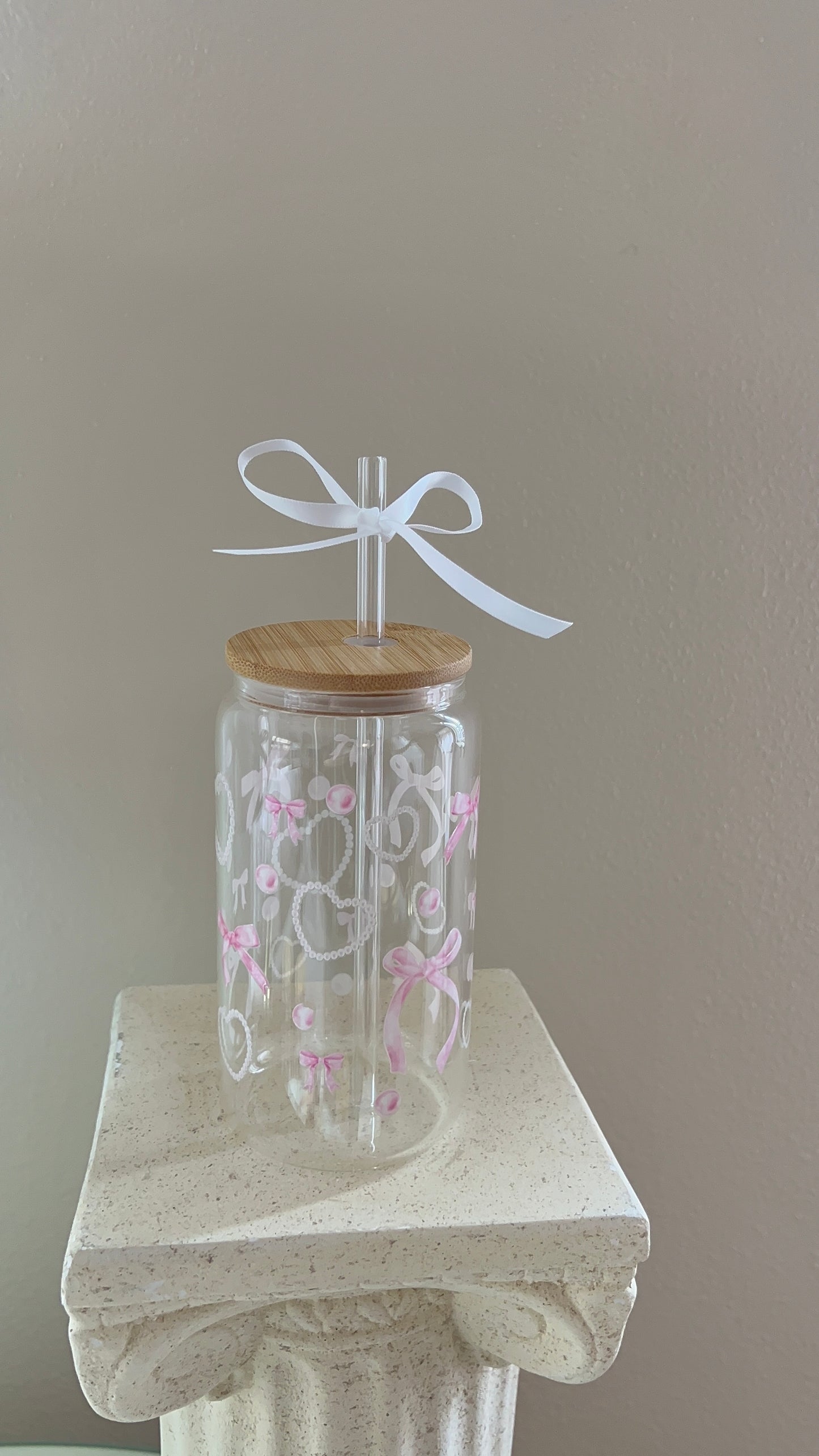 PINK BOWS + PEARL HEARTS GLASS CUPS